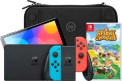 Nintendo Switch OLED Blauw/Rood + Animal Crossing New Horizons + BlueBuilt Beschermhoes