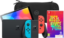Nintendo Switch OLED Rood/Blauw + Just Dance 2024 + BlueBuilt Beschermhoes