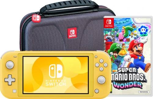Nintendo Switch Lite Geel + Super Mario Bros. Wonder + Beschermhoes 1 Nintendo Switch Lite Geel + Super Mario Bros. Wonder + Beschermhoes